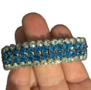 Vintage AIRFLEX Blue Clear Rhinestone Expansion Bracelet Mid Century Jewelry